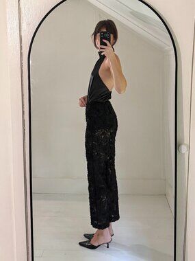 Kimchi Blue / Urban Outfitters Sheer Rosette Cropped Pant in Black Retail $129